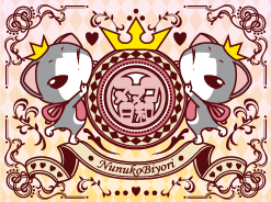 サンプル画像：王冠を被ったヌヌコが両端から王冠付きのヌヌコロゴを挟んでいるデザイン